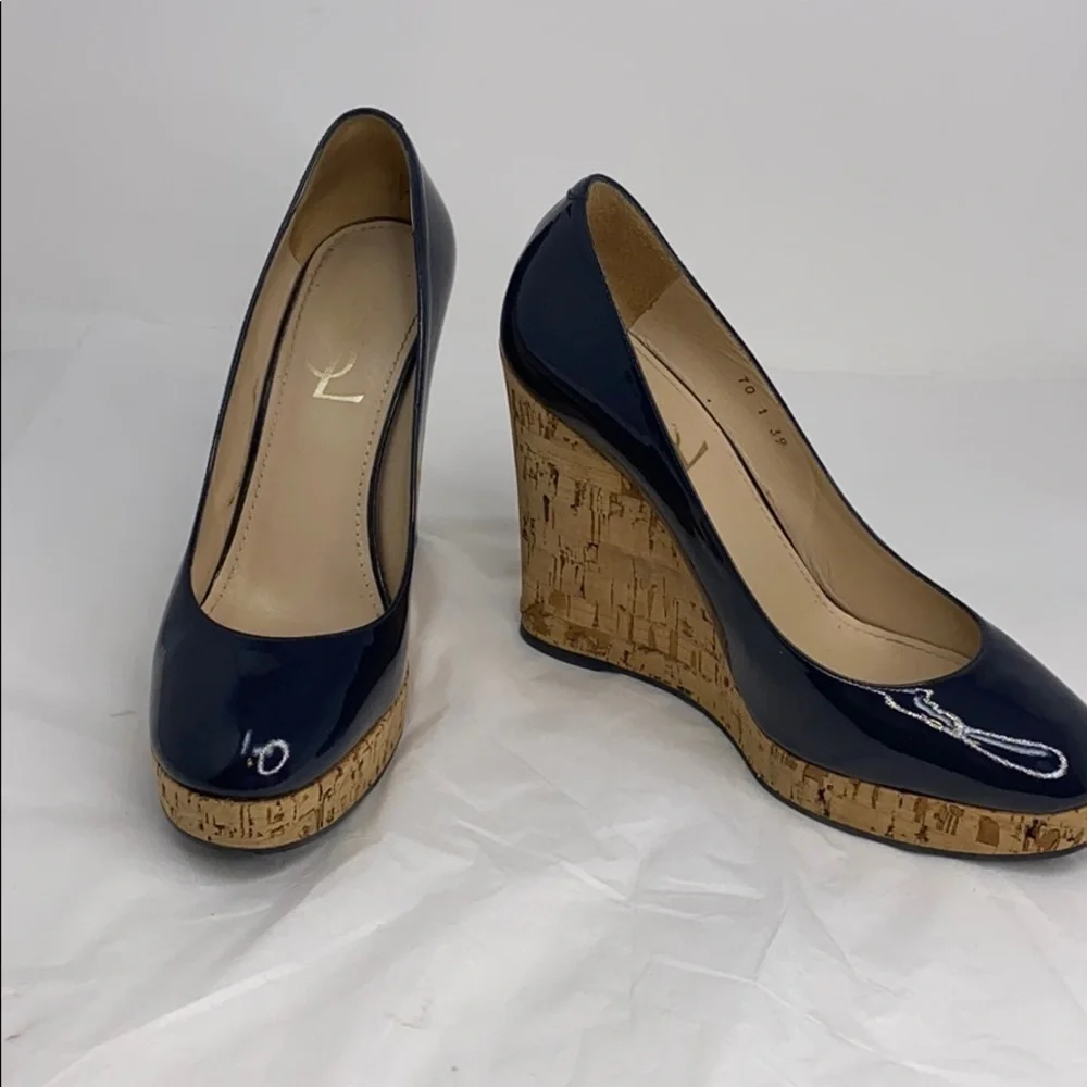 YSL Yves Saint Laurent 39 Navy Blue Patent Wedge
